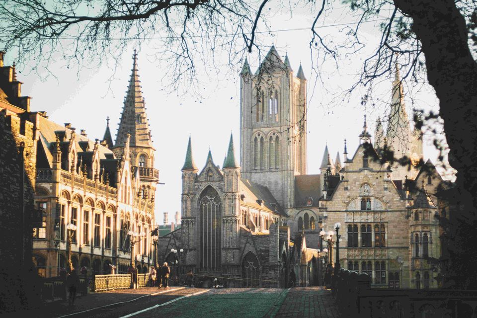 Architettura gotica storica, con un'imponente cattedrale, fiancheggia una strada di città europea all'alba, incorniciata da rami d'albero.