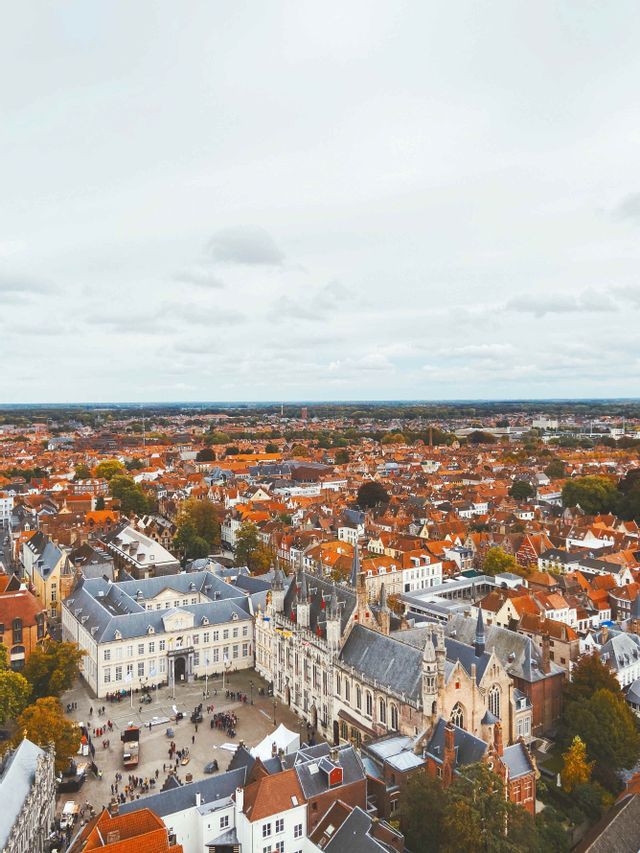 Vista aerea di una storica città europea con fitti tetti rossi e una piazza centrale sotto un cielo nuvoloso.