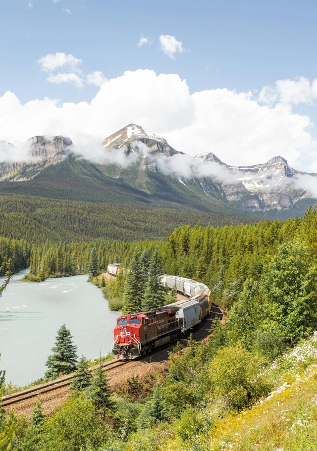 Un treno merci rosso viaggia su un binario curvo accanto a un fiume, attraverso una pineta con montagne sullo sfondo.