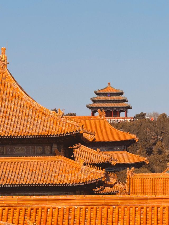 Tetti sovrapposti in tegole arancioni di edifici tradizionali cinesi, con una pagoda su una collina boscosa in lontananza contro un cielo limpido.