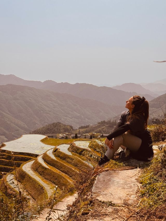 Una donna è seduta su una sporgenza di pietra, ammirando le risaie terrazzate che si estendono attraverso una valle montuosa avvolta nella foschia.