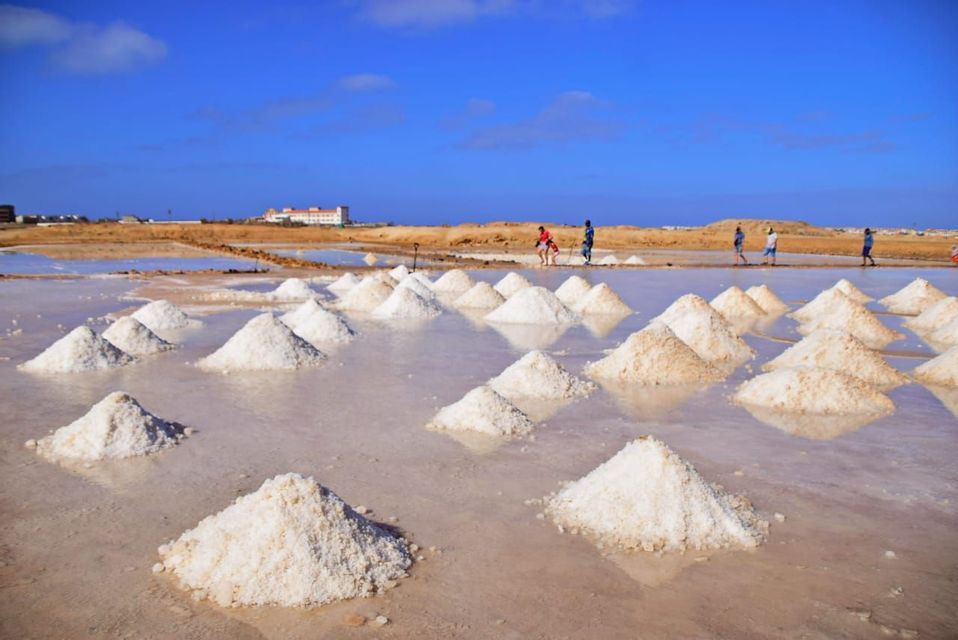 Un viaje en grupo WeRoad recorre una vasta salina salpicada de numerosas pilas cónicas de sal cosechada bajo un cielo azul claro.