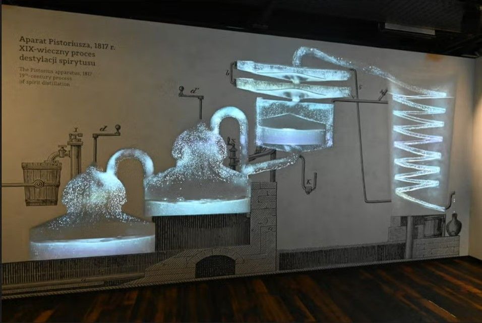 Un diagramma illuminato su una parete museale spiega l'apparecchio di Pistorius del XIX secolo utilizzato per la distillazione degli alcolici.