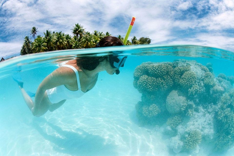 A split-shot view of a woman snorkeling over a coral reef in clear water, with a palm-tree island under a cloudy sky.