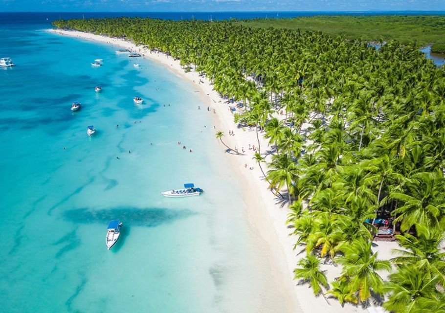 An aerial view of a tropical white sand beach with turquoise water, boats, and a dense forest of palm trees.
