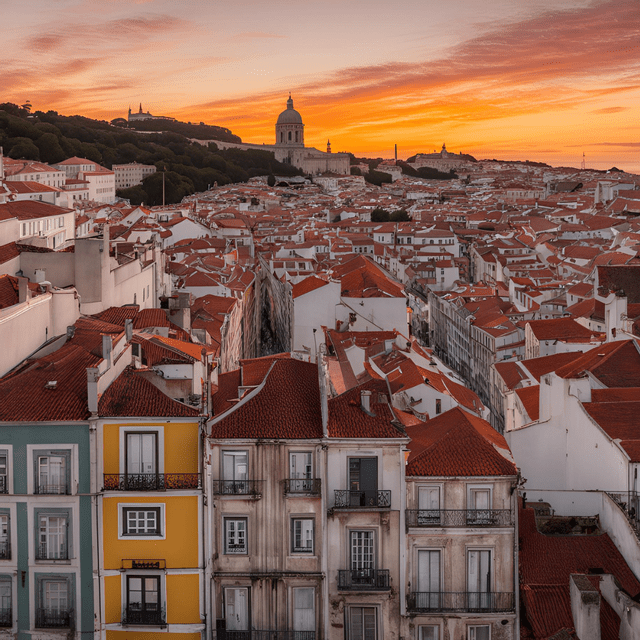 Un paesaggio urbano di edifici colorati con tetti di tegole rosse sotto un cielo arancione al tramonto, con una chiesa a cupola su una collina.