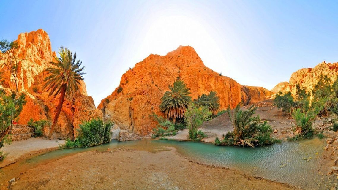 Un oasis en el desierto con una pequeña poza de agua cristalina, rodeado de palmeras y acantilados rocosos de color naranja bajo un sol radiante.