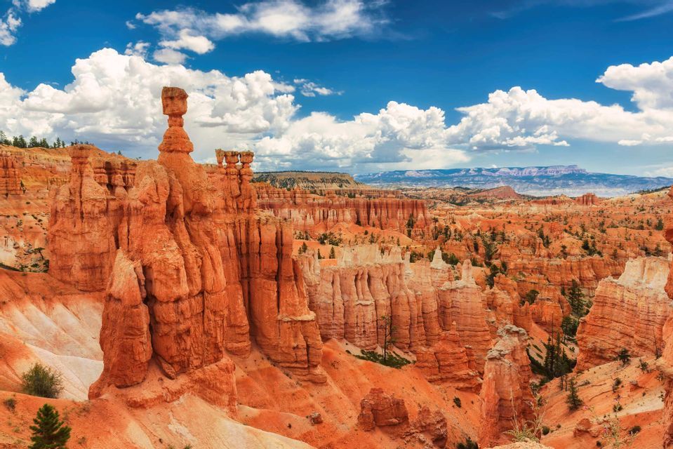 Imponenti guglie di roccia arancione, o hoodoos, riempiono un vasto canyon sotto un cielo blu con nuvole bianche sparse.
