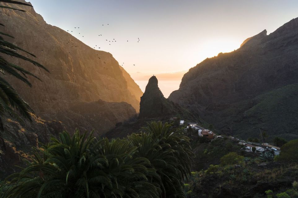 Una valle di montagna al tramonto con una persona su una cima rocciosa, un piccolo villaggio sottostante e fronde di palma in primo piano.