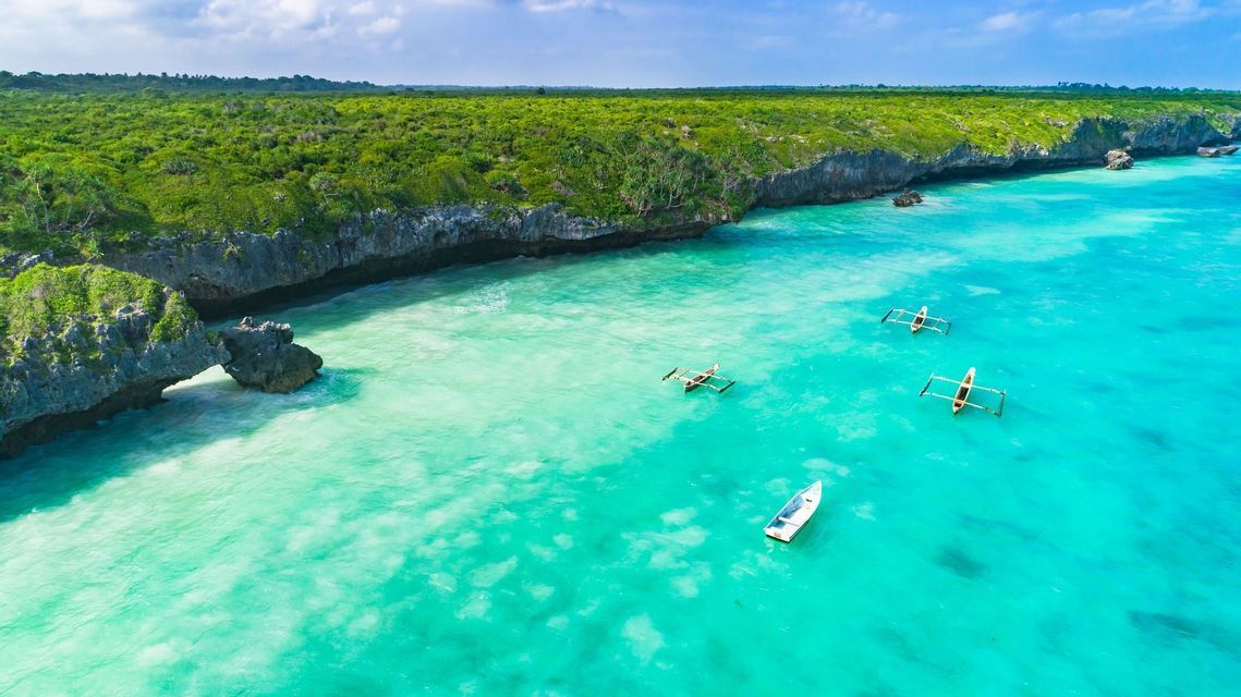 Una vista aerea di barche tradizionali che galleggiano in acqua turchese lungo una costa rocciosa coperta da alberi verdi.