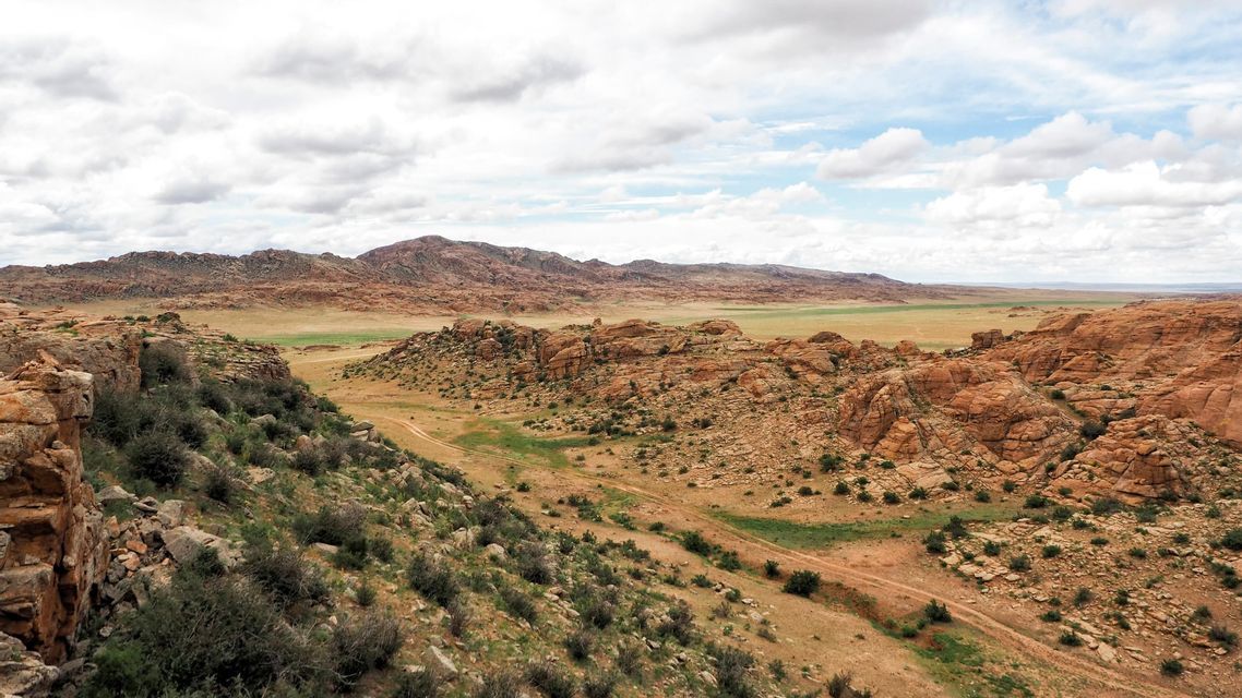 Vue panoramique d'une vaste vallée rocheuse parsemée d'arbustes verts, s'étendant vers des montagnes sous un ciel nuageux.