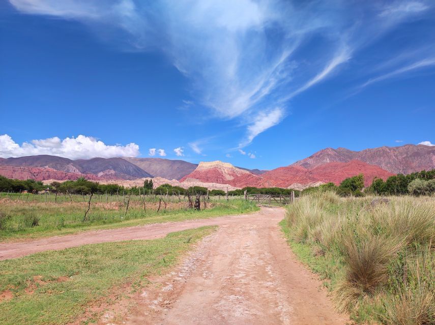 Un camino de tierra atraviesa un campo de hierba hacia una cordillera de montañas rojas y amarillas bajo un cielo azul con nubes tenues.