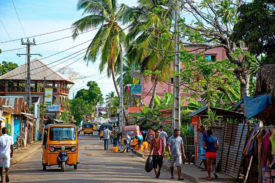 A busy street with people walking, yellow auto-rickshaws, and shops, lined with tall palm trees under a clear sky.