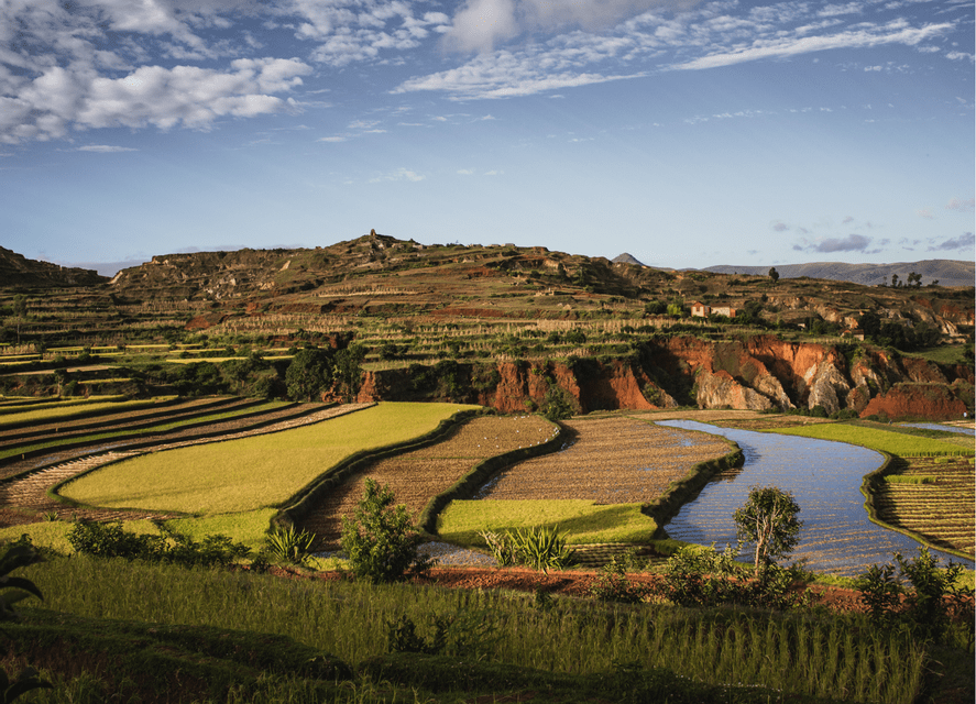 A landscape of terraced rice paddies and a winding river at the foot of hills with exposed red soil under a blue sky.