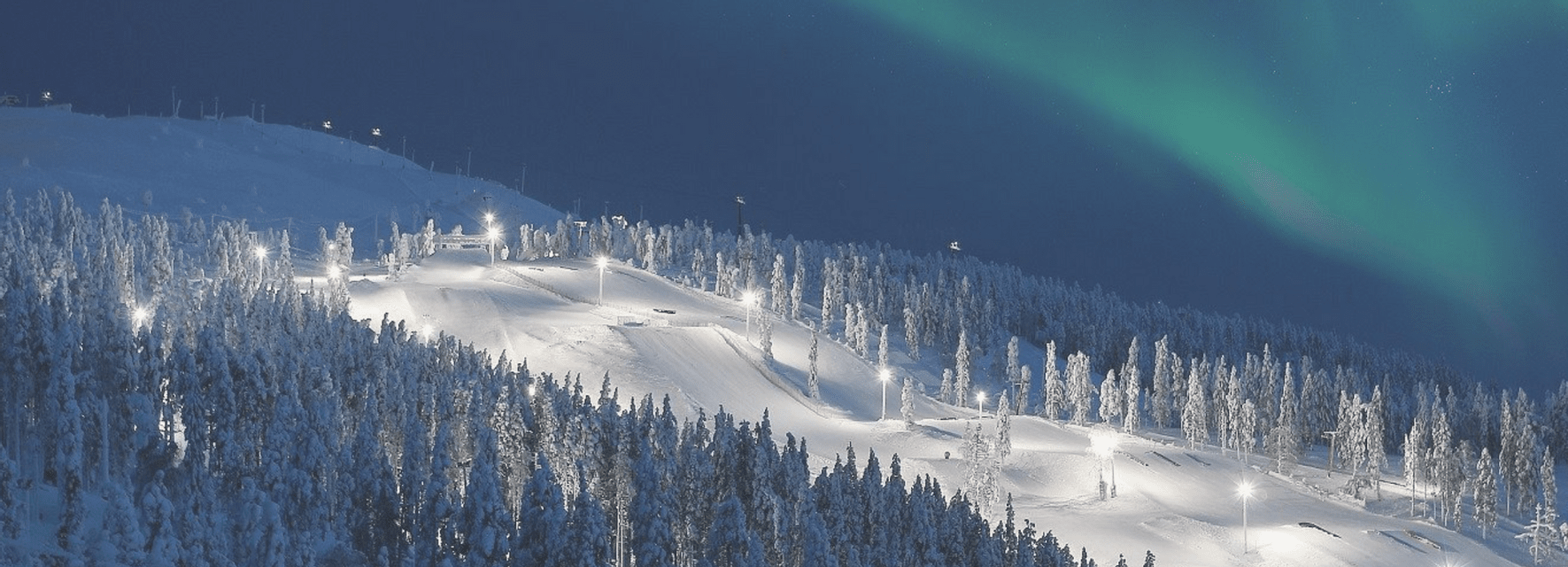 L'aurora boreale risplende verde nel cielo notturno sopra una pista da sci illuminata circondata da alberi innevati.