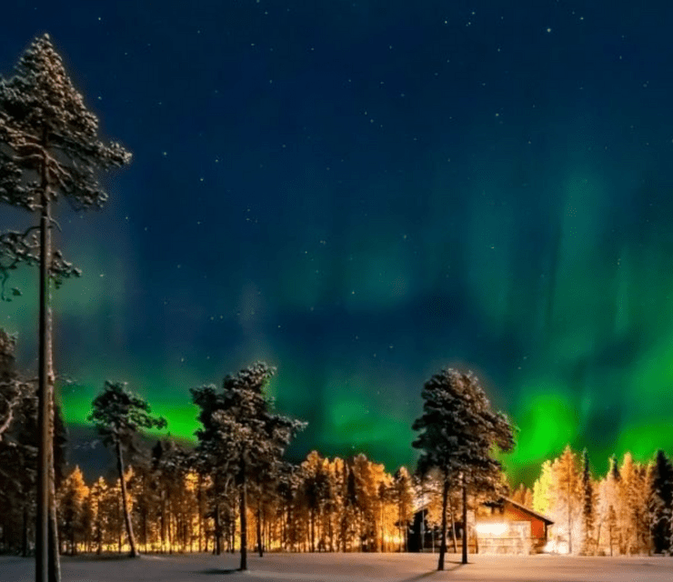 L'aurora boreale verde brilla nel cielo notturno stellato sopra una foresta innevata con una baita illuminata.