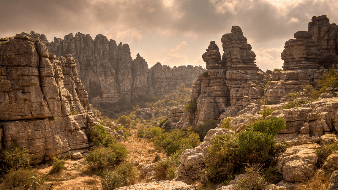 Imponenti formazioni rocciose carsiche in una valle scoscesa con arbusti verdi sotto un cielo nuvoloso.