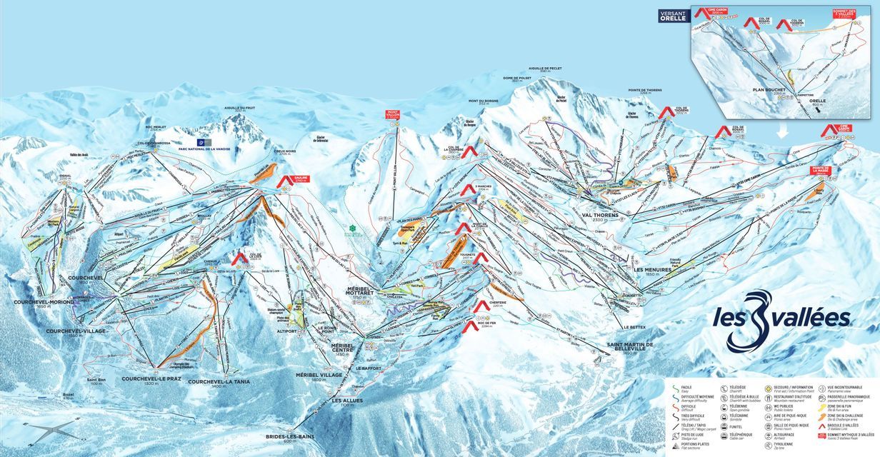Mappa delle piste da sci de Les 3 Vallées, con dettaglio di percorsi e impianti interconnessi delle aree sciistiche di Courchevel, Méribel e Val Thorens.