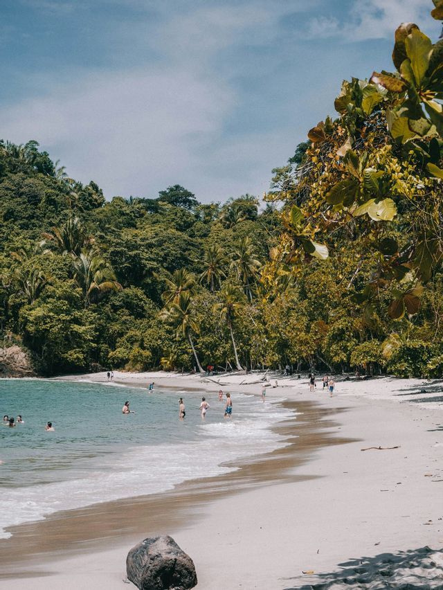Un viaggio di gruppo WeRoad si rilassa e nuota in una caletta di sabbia bianca delimitata da una rigogliosa foresta tropicale.