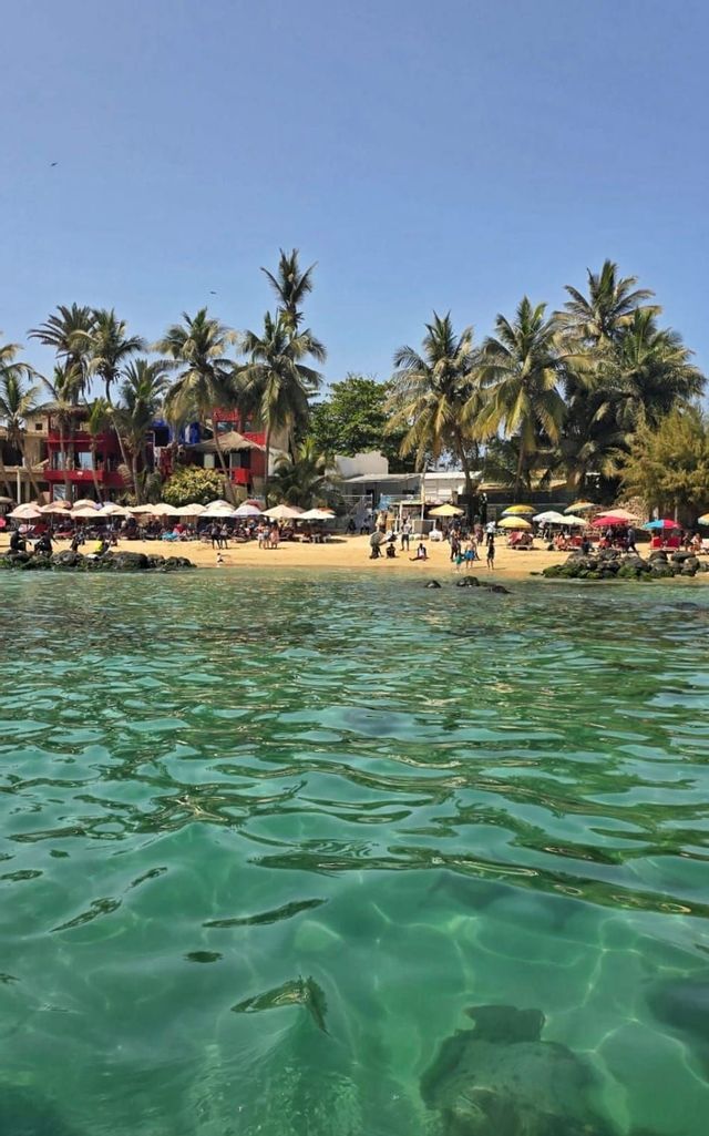 Una vista dall'acqua limpida e turchese di una spiaggia sabbiosa affollata di persone sotto gli ombrelloni, con palme e edifici sullo sfondo.