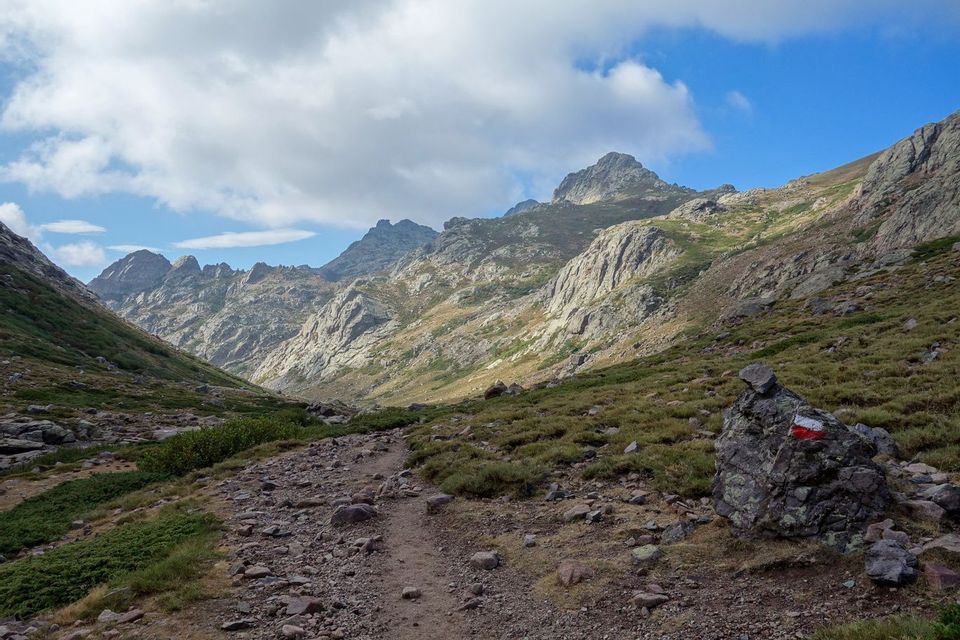 Un sentier de randonnée en terre battue avec un balisage rouge et blanc sur un rocher mène à une vallée montagneuse rocheuse sous un ciel partiellement nuageux.