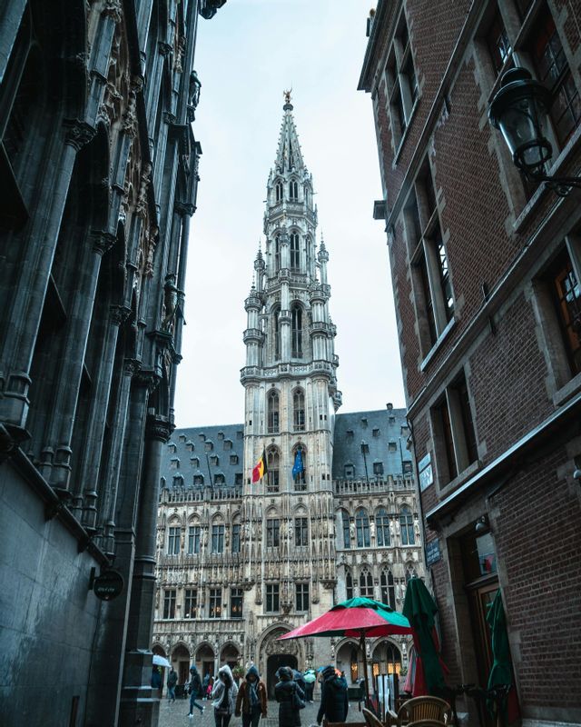 Un grand bâtiment orné avec une flèche centrale, vu d'une rue étroite encadrée par des bâtiments sombres et en briques.