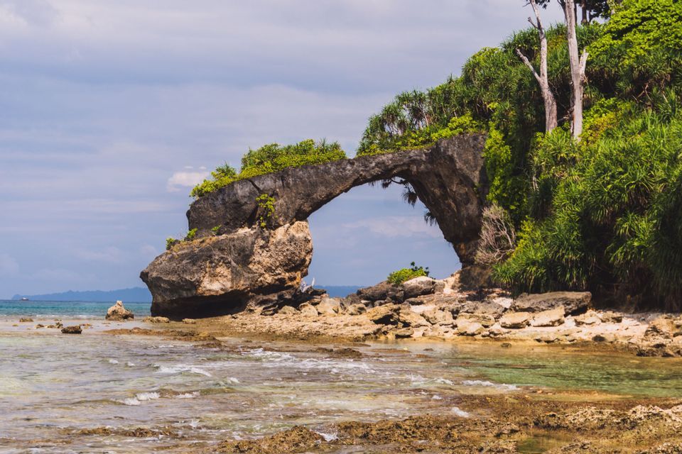 Un arco di roccia naturale ricoperto di vegetazione verde si erge su una costa rocciosa, con onde placide e un cielo nuvoloso.