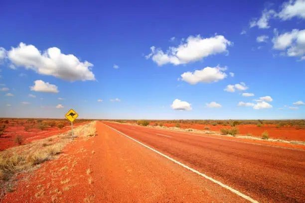 Una señal de cruce de canguros se encuentra junto a una larga carretera que atraviesa un desierto rojo bajo un cielo azul nublado.
