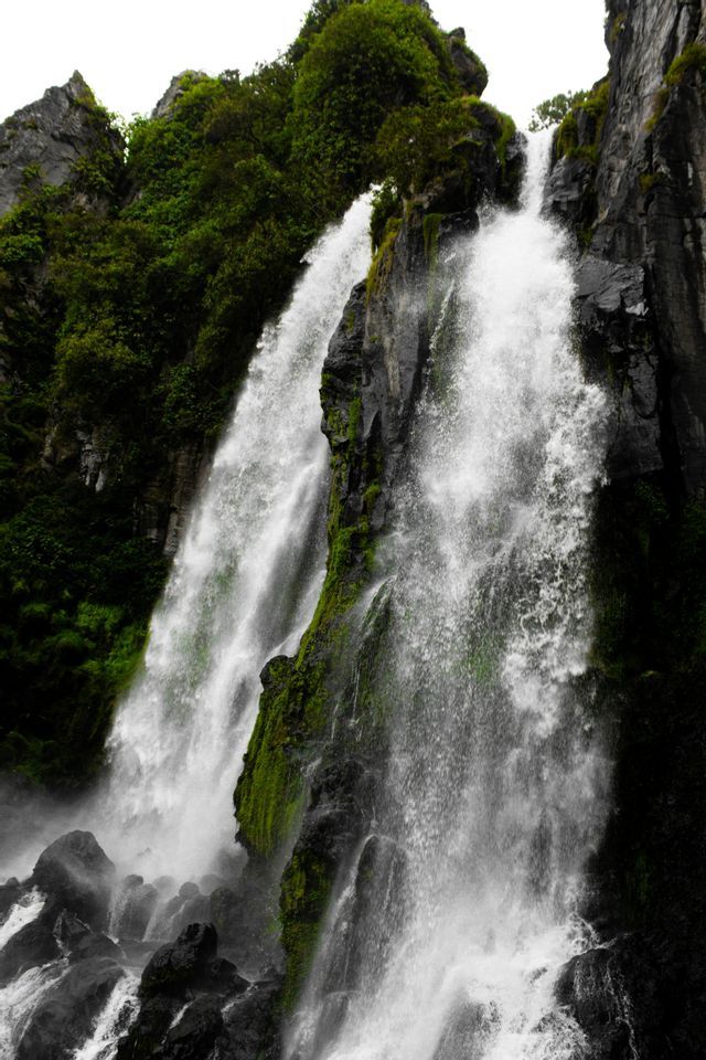Una imponente cascada se divide en dos brazos mientras desciende por una empinada pared de roca cubierta de musgo.