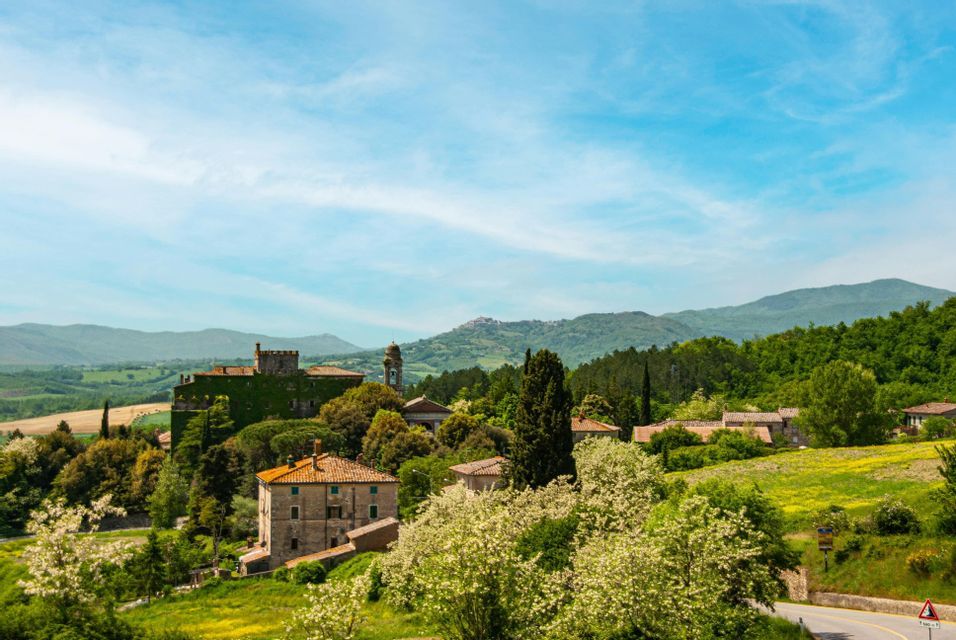 Un castello ricoperto d'edera e tradizionali case in pietra sorgono su una lussureggiante collina verde, con montagne sullo sfondo sotto un cielo azzurro.