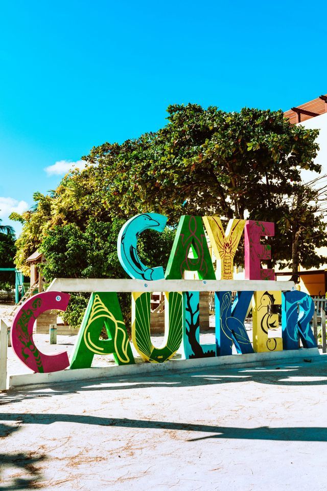 Un panneau coloré 'Caye Caulker' décoré d'illustrations d'animaux se dresse sur un sol sablonneux sous un ciel bleu clair.