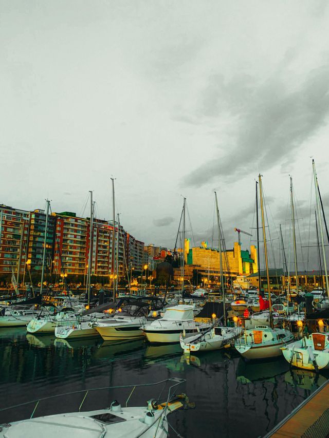 Numerosos barcos y yates atracados en un puerto deportivo de la ciudad al anochecer, con edificios iluminados al fondo bajo un cielo nublado.