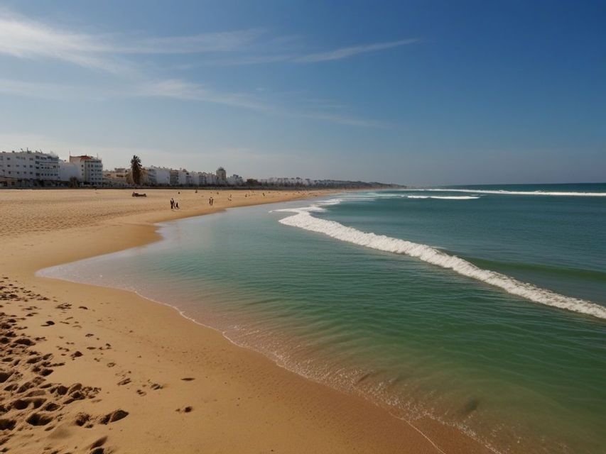 Waves with white foam roll onto a wide sandy beach, with a coastal town visible in the background under a blue sky.