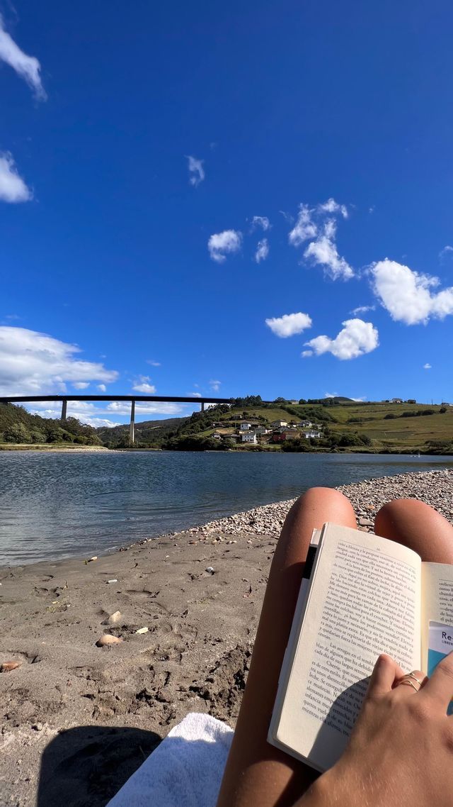 Una persona seduta su una riva sabbiosa legge un libro, con un fiume, colline verdi e un ponte sullo sfondo.