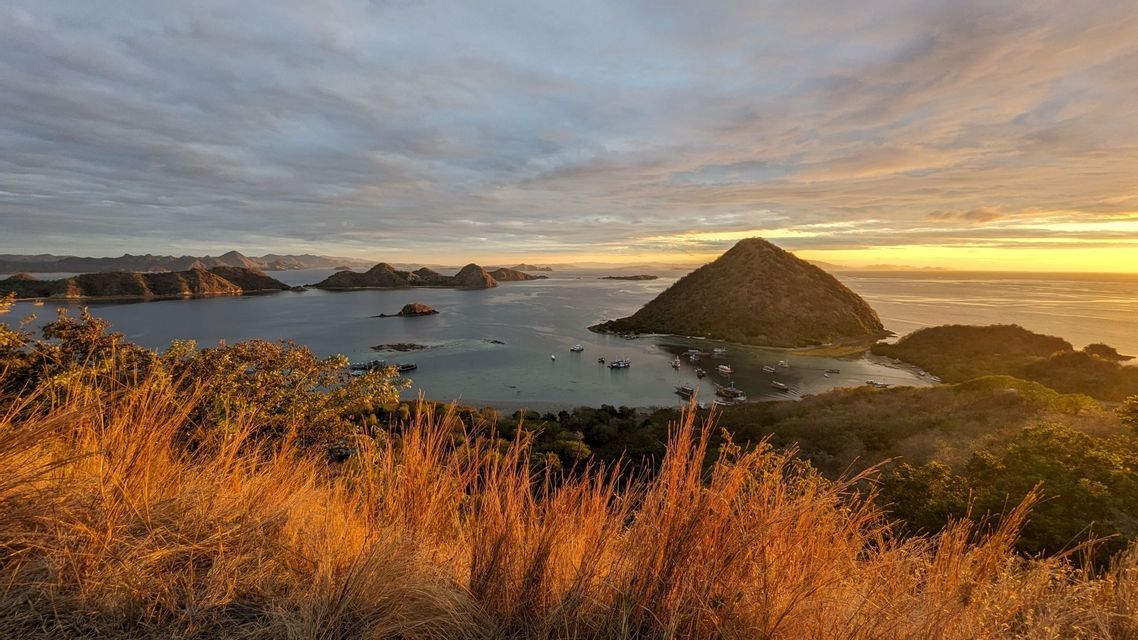 Erba dorata illuminata dal sole su una collina si affaccia su una baia con numerose piccole isole e barche sotto un cielo parzialmente nuvoloso al tramonto.