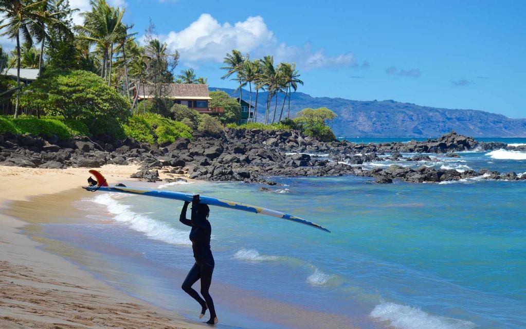 Una persona in muta trasporta una longboard sulla testa lungo la riva di una spiaggia tropicale con palme.