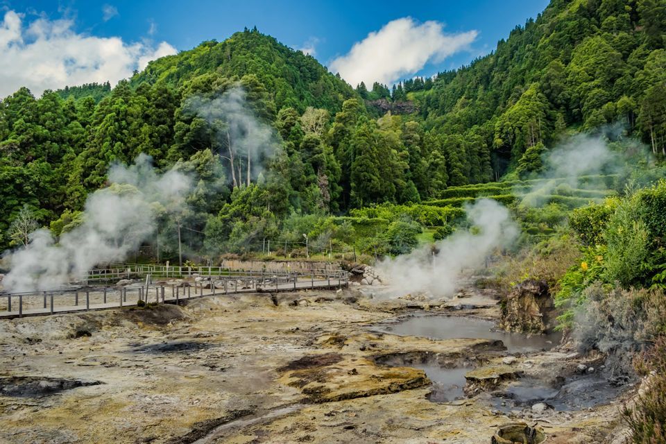 Un paysage géothermique avec de la vapeur s'élevant des marmites de boue et une passerelle en bois au pied d'une montagne luxuriante et boisée.