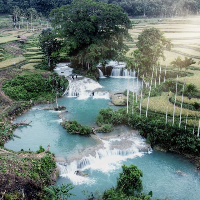 Vista aerea di un viaggio di gruppo WeRoad presso cascate con piscine turchesi, immerse tra lussureggianti risaie e alberi.