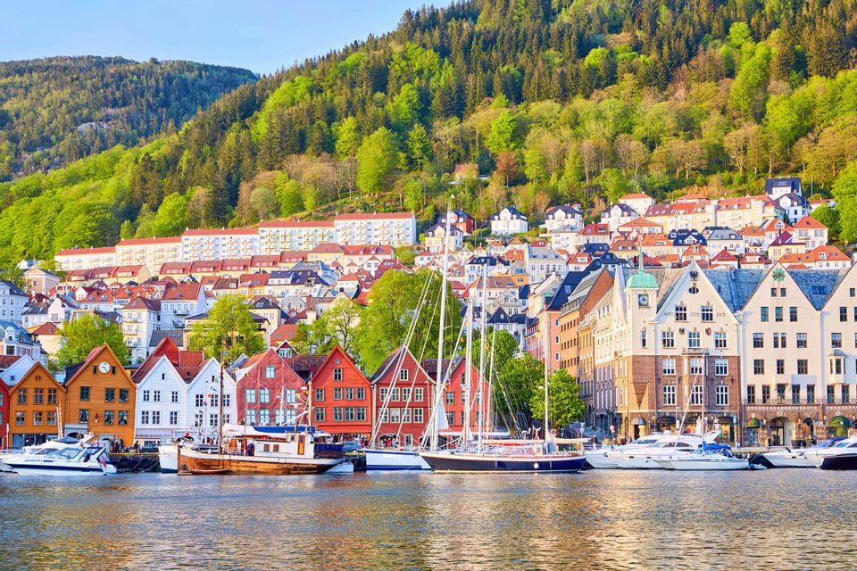 Bunte Gebäude am Wasser säumen einen Hafen voller festgemachter Boote, vor einem üppigen, bewaldeten Hügel.