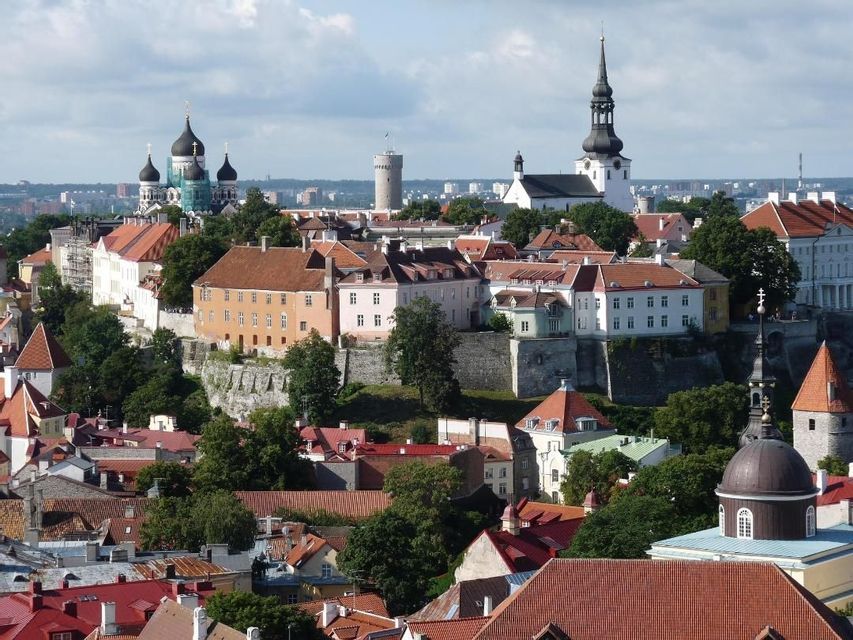 Eine Stadtansicht einer historischen europäischen Stadt auf einem Hügel, mit roten Ziegeldächern, Kirchtürmen und Steintürmen inmitten von Bäumen.