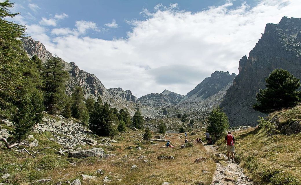 Un viaggio di gruppo WeRoad percorre un sentiero in una valle montuosa rocciosa con pini sparsi.