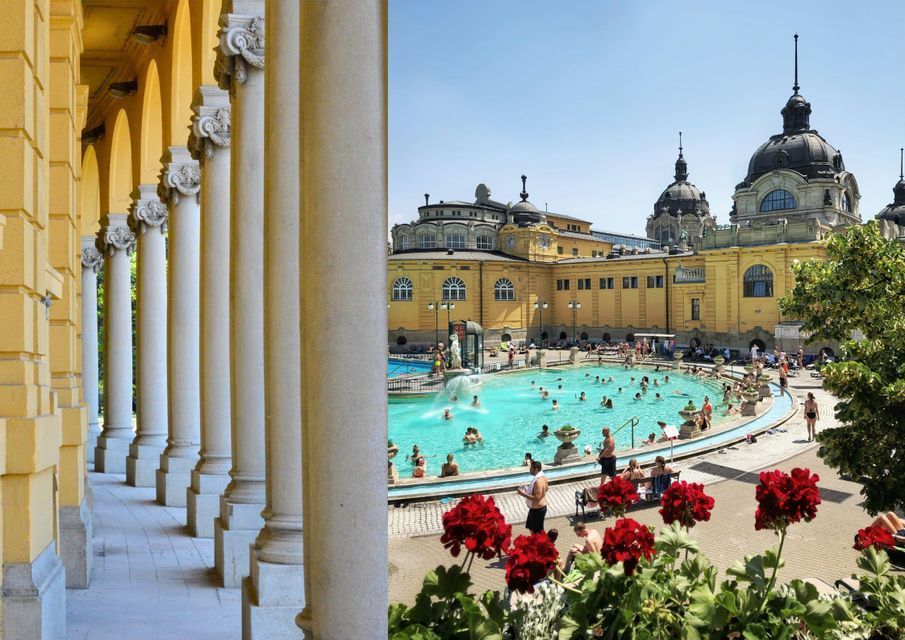 The outdoor pools of the Szechenyi thermal baths in Budapest framed by flowers.