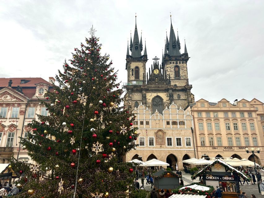 Un grand sapin de Noël décoré se dresse sur une place historique avec une église gothique et des étals de marché en arrière-plan.