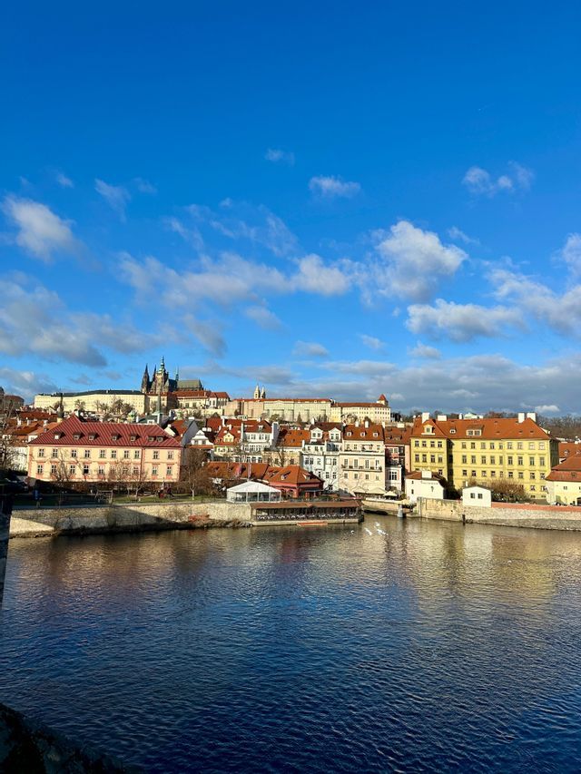 Une ville européenne historique avec des bâtiments aux toits rouges et un château sur une colline est vue de l'autre côté d'une large rivière sous un ciel bleu avec quelques nuages.