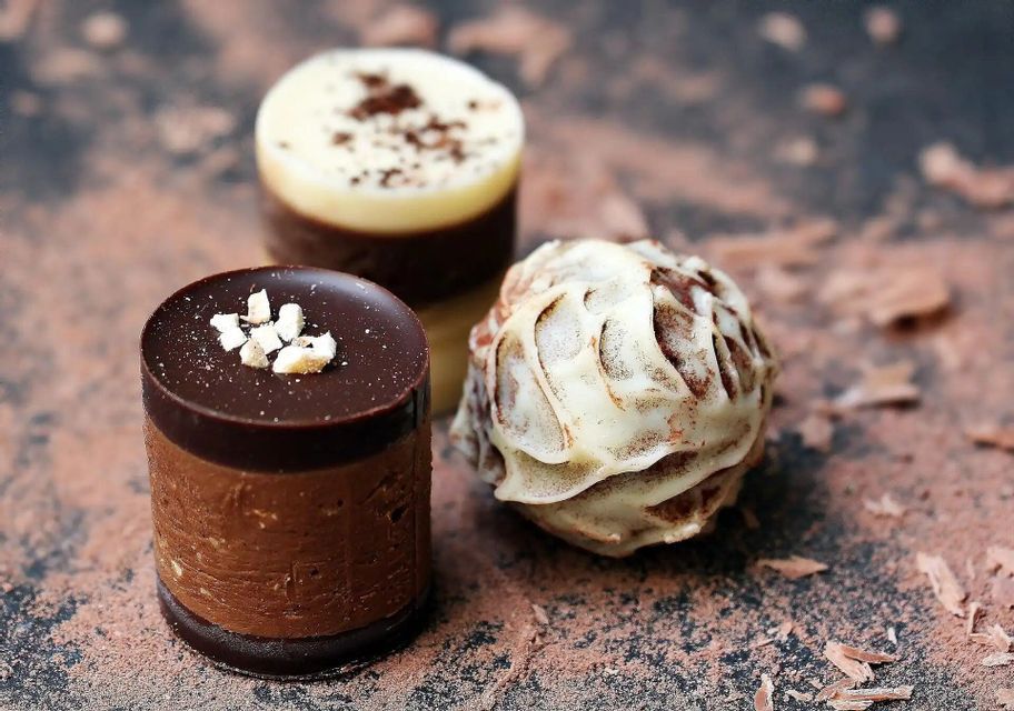 Un primer plano de tres bombones gourmet variados, una trufa y dos pralinés, sobre una superficie espolvoreada con cacao en polvo.