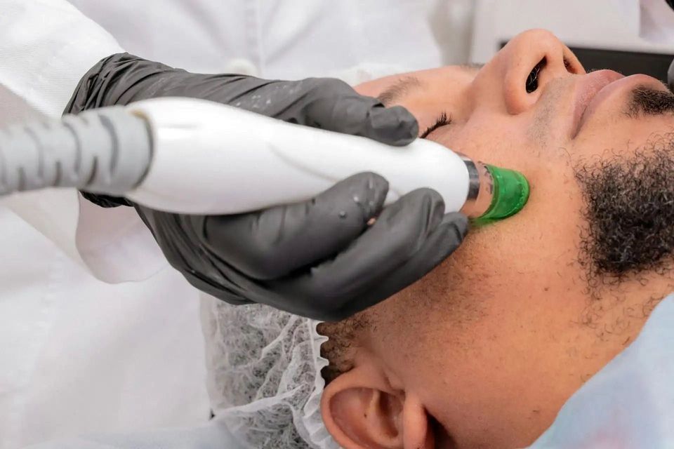 A clinician wearing black gloves performs a facial treatment on a man's cheek with a cosmetic device that has a green tip.