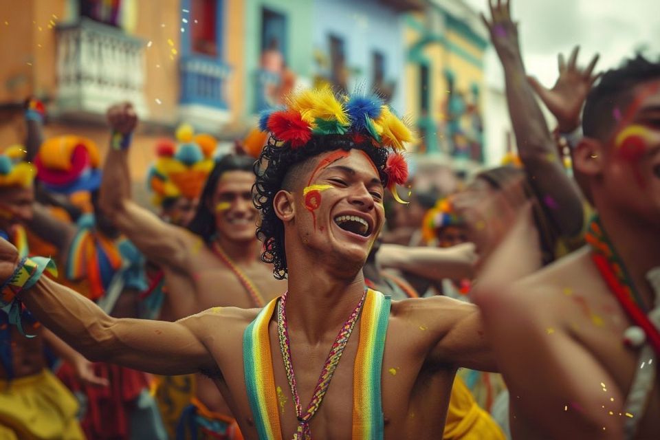 Un uomo con un copricapo di piume colorate e pittura facciale ride mentre balla in una affollata festa di strada.