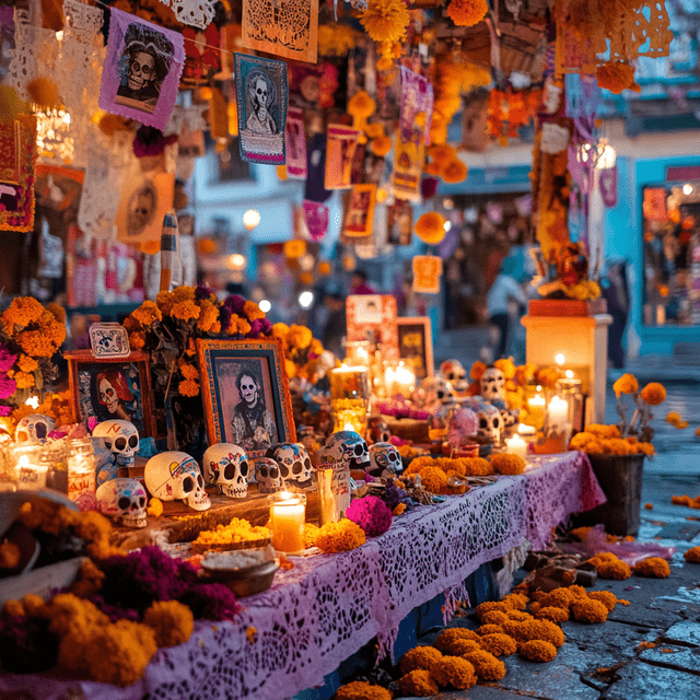 Ein farbenfroher Tag der Toten Altar, geschmückt mit bemalten Zuckerschädeln, orangen Ringelblumen, brennenden Kerzen und gerahmten Bildern.