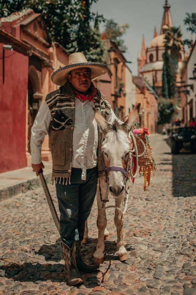Ein Mann mit Sombrero und Weste geht auf einer Kopfsteinpflasterstraße neben einem Esel, der einen Blumenkorb trägt.