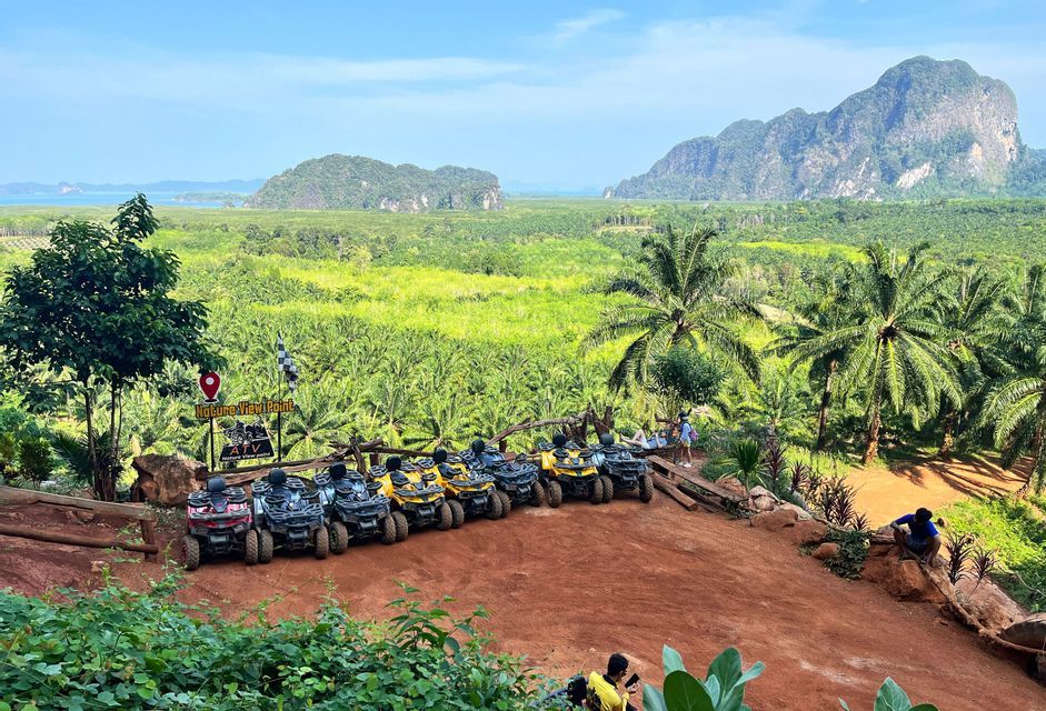 Una fila de cuatrimotos estacionadas en un mirador de tierra roja con vista a un vasto valle de palmeras y montañas distantes bajo un cielo azul.